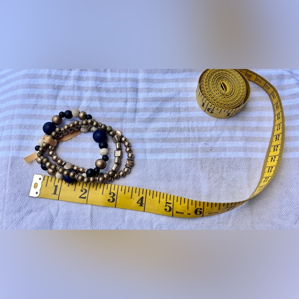 Artisan Boho Gold Tone Lapis Wood Beaded Stretch Bracelet Set Handcrafted - Picture 6 of 6